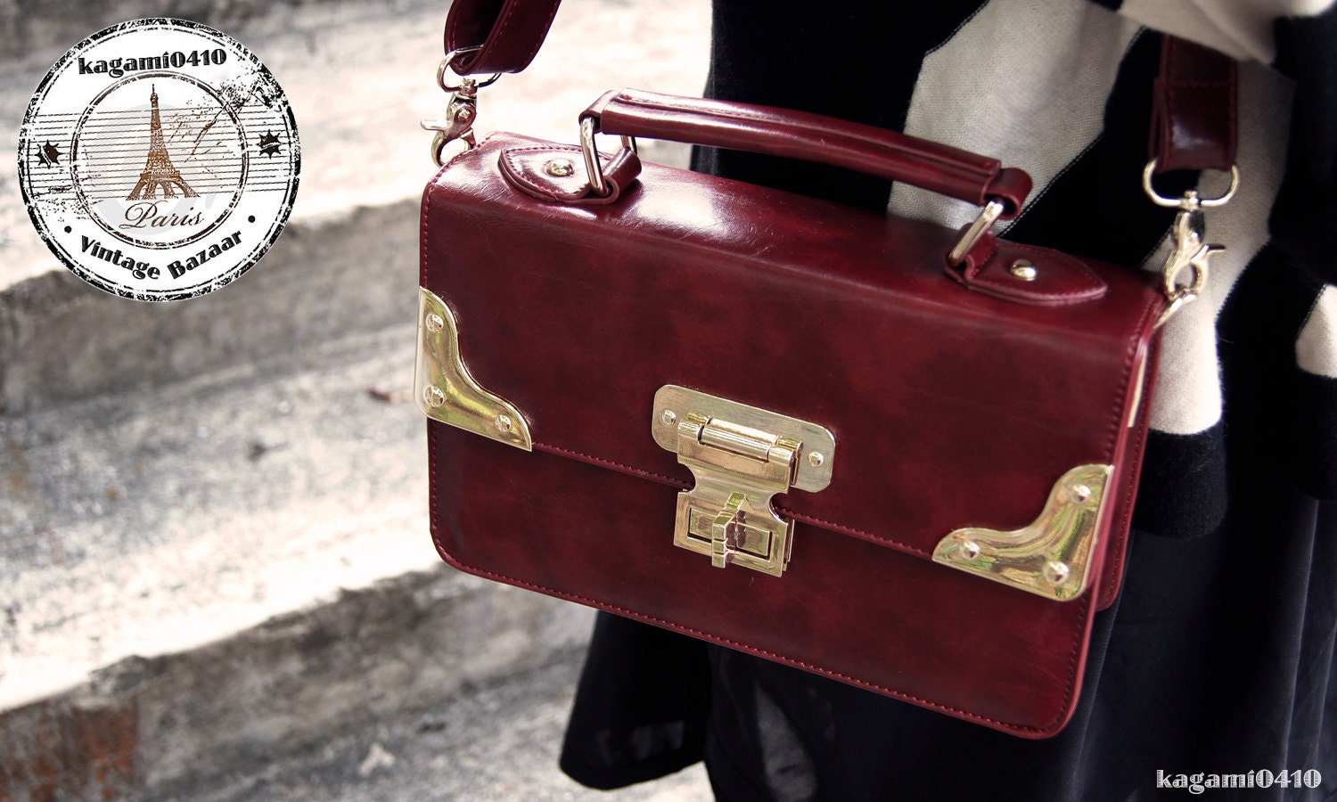 Vintage Style Exquisite Gold Turn Lock Purse Bag - Dark Red