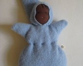 Waldorf style Baby Bunting Doll, Light Blue Upcycled Wool, Waldorf Sleeping Baby Doll