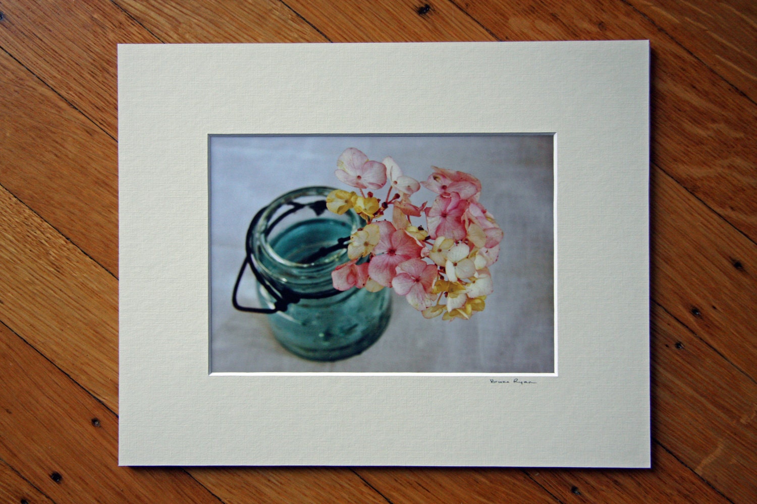SALE Frame Ready - Pink Yellow Hydrangea in Blue Atlas Jar -  5 x 7" matted in 8 x 10" ivory mat -  Ready to ship