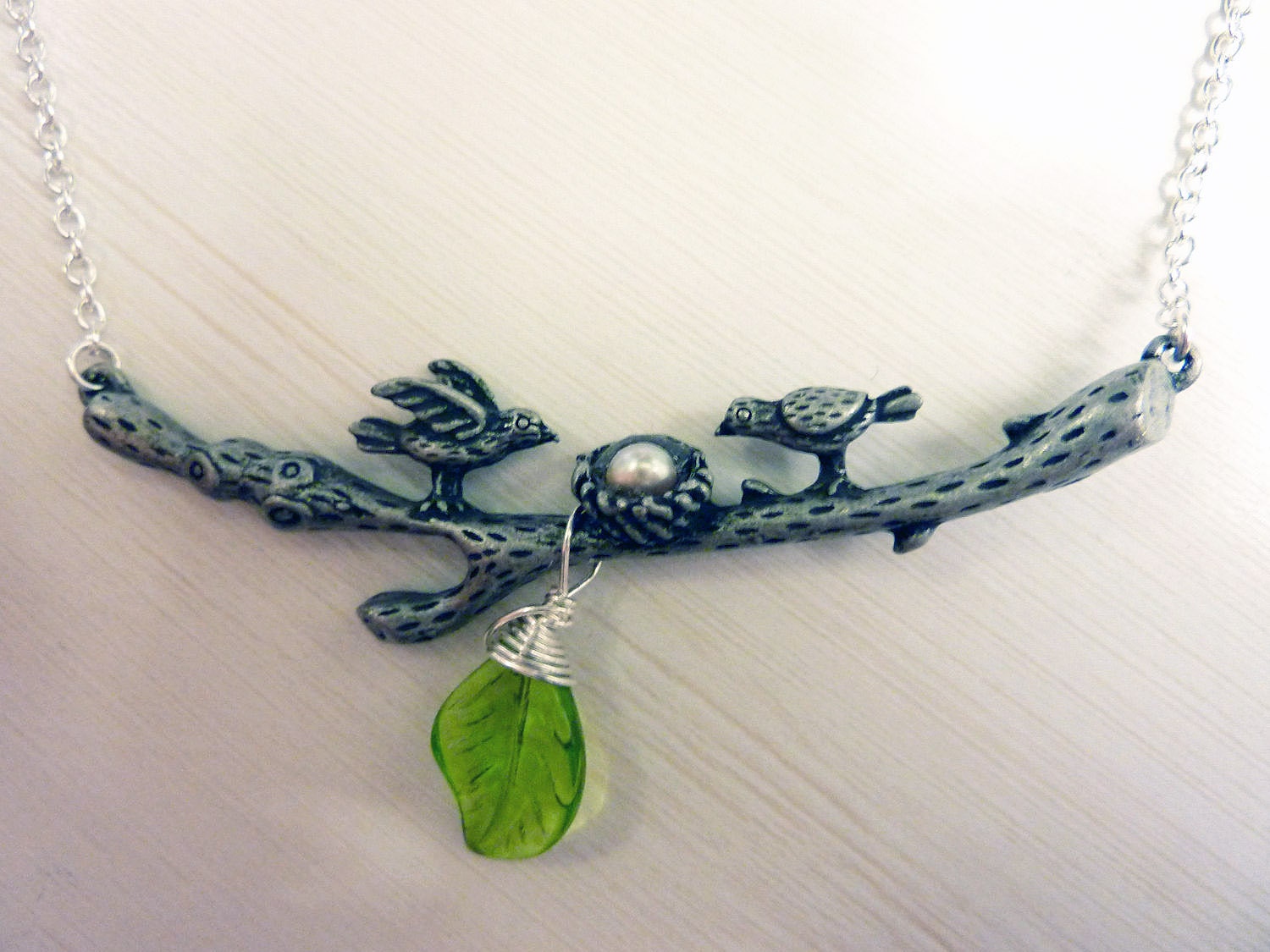 Birds on a Branch Necklace with Birds Nest and Pearl Bird Egg and Green Glass Leaf - handmade by Weirdly Cute jewelry