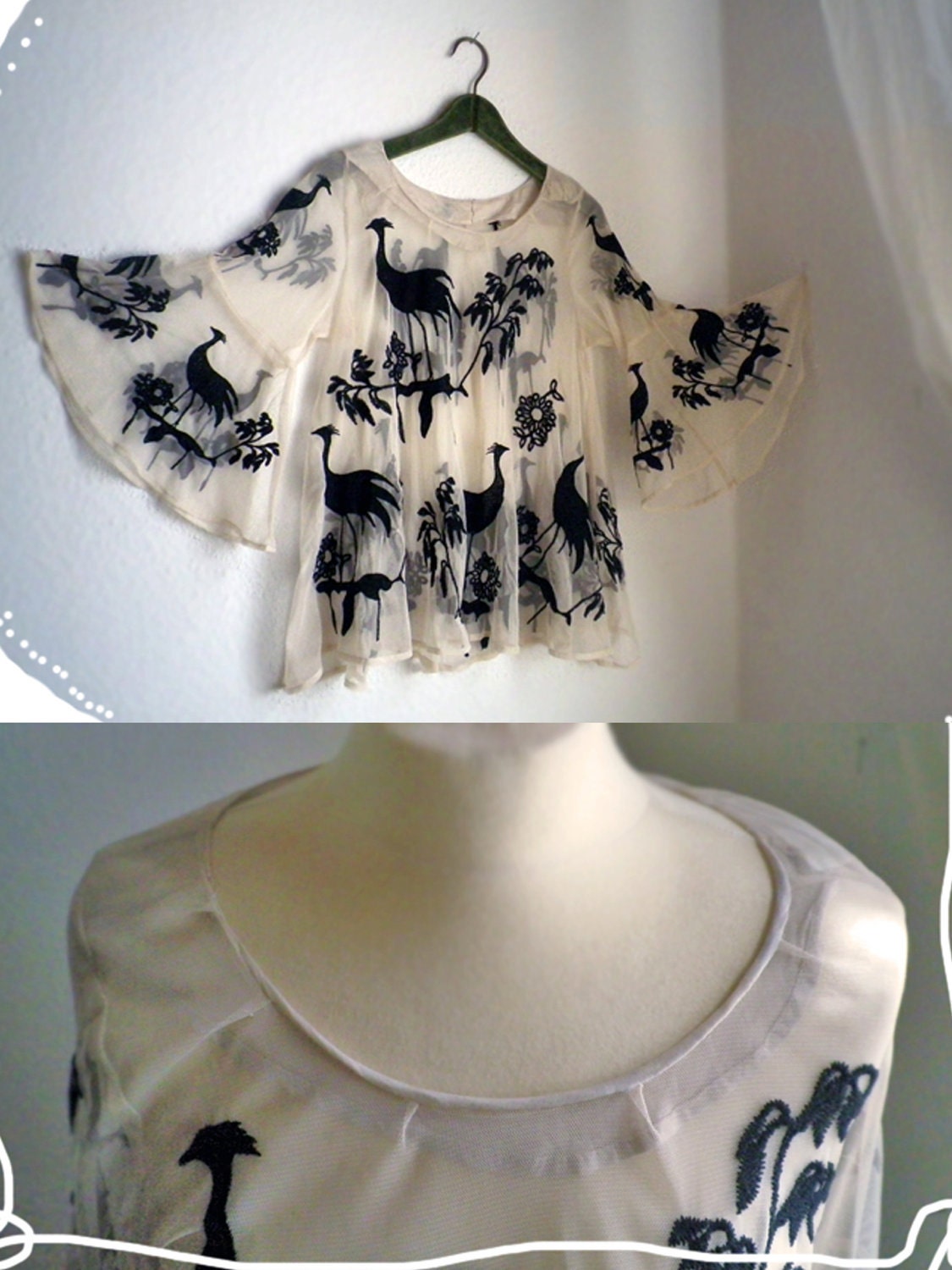 Vintage / 70s sheer exotic flamingo top/ boho, gypsy, collectors