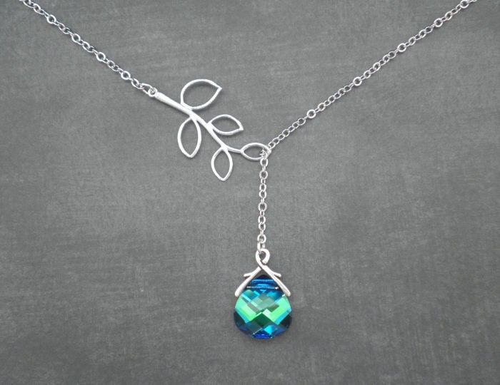Lariat Necklace -- Branch and Swarovski Crystal Lariat -- Silver Necklace