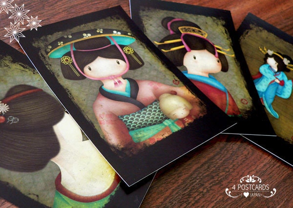 Postcard set of 4 geishas vintage portraits from my series I Love Japan