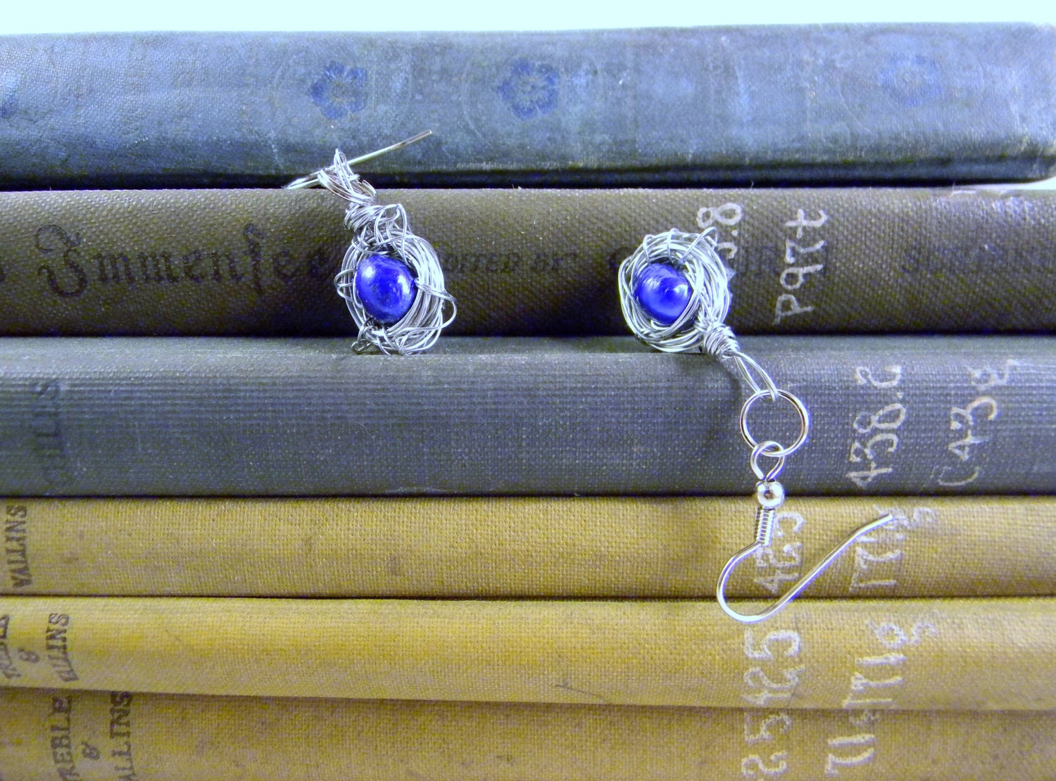 Reserved for Rita Wrapped Wire Single Blue Pearl Egg Silver Birdnest Earrings Valentine's Day Gift