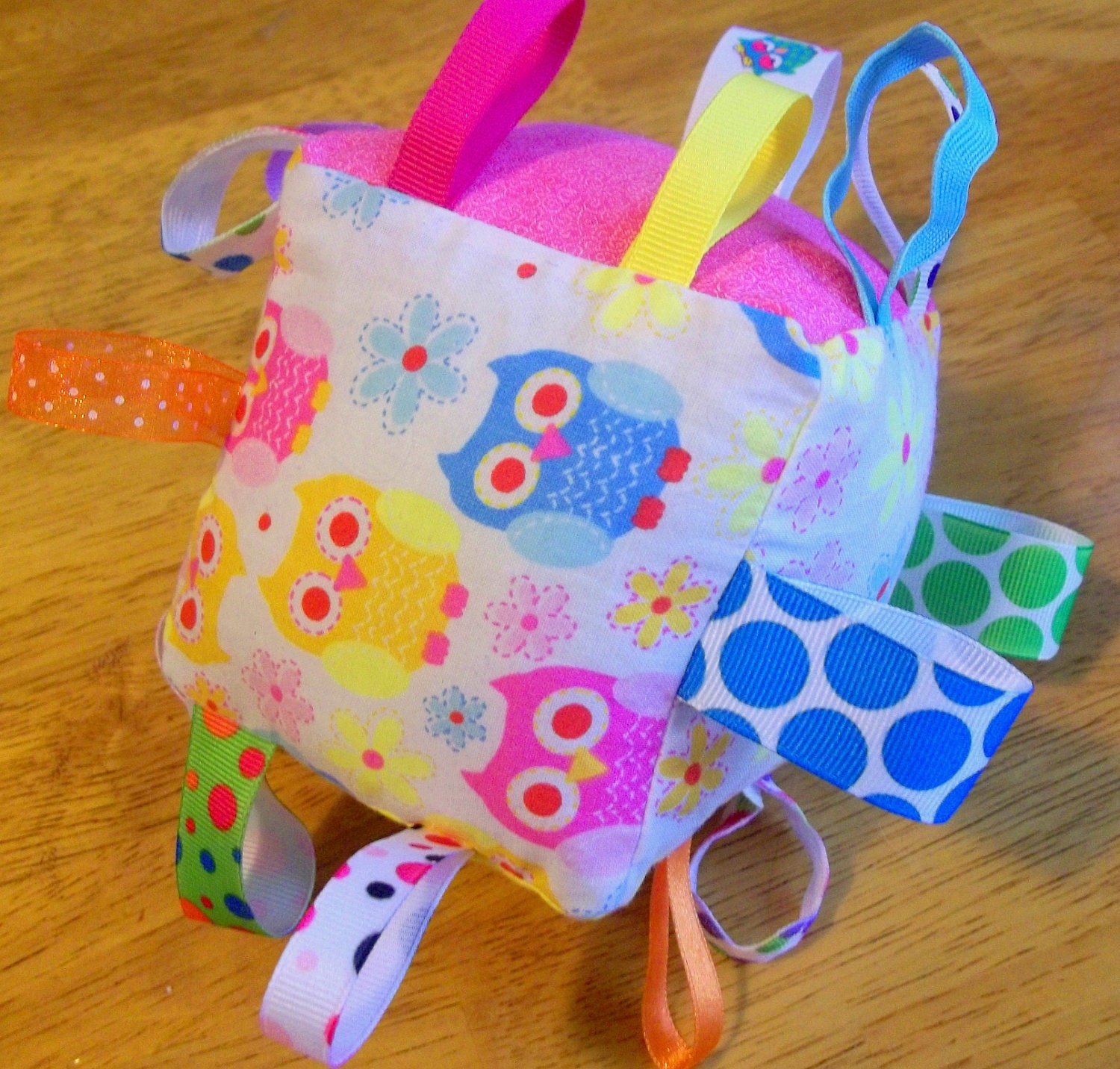 Owl Baby Toy - Baby Ribbon Crinkle Toy - Fabric Plush Block