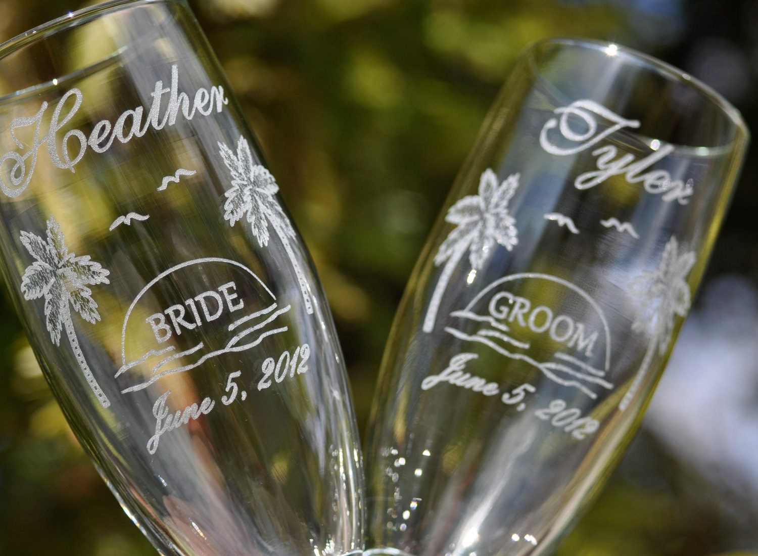 Champagne Flutes Beach Wedding, Palm Trees, Sunset, Destination Tropical Wedding