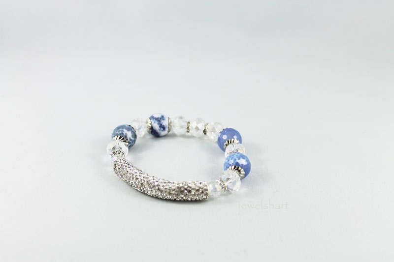 Stretch Bead Bracelet, Blue Agate, Bling Rhinestone Bracelet, Stretchy Bracelet Fashion Jewellery