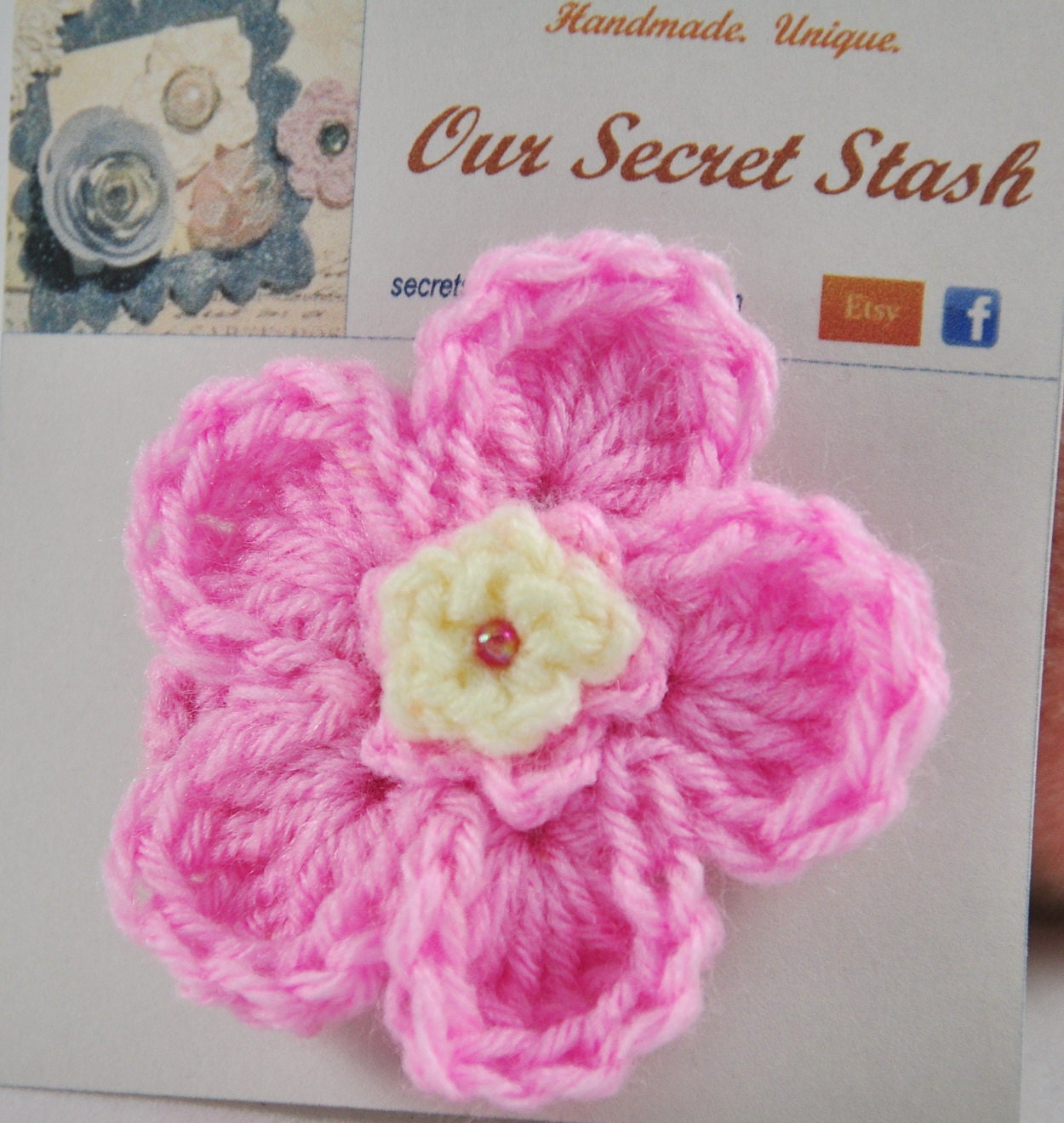 Large Crochet Flower on invisible crochet-covered snap clip - choose from 7 colours