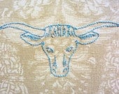 Longhorn Hoop Art, Vintage Pattern on Neutral Damask, Aqua Thread