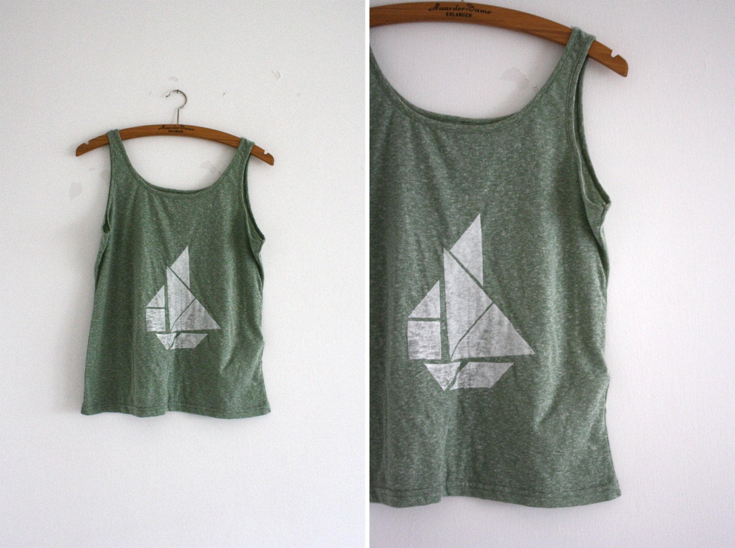 T-shirt - green - white - tangram boat