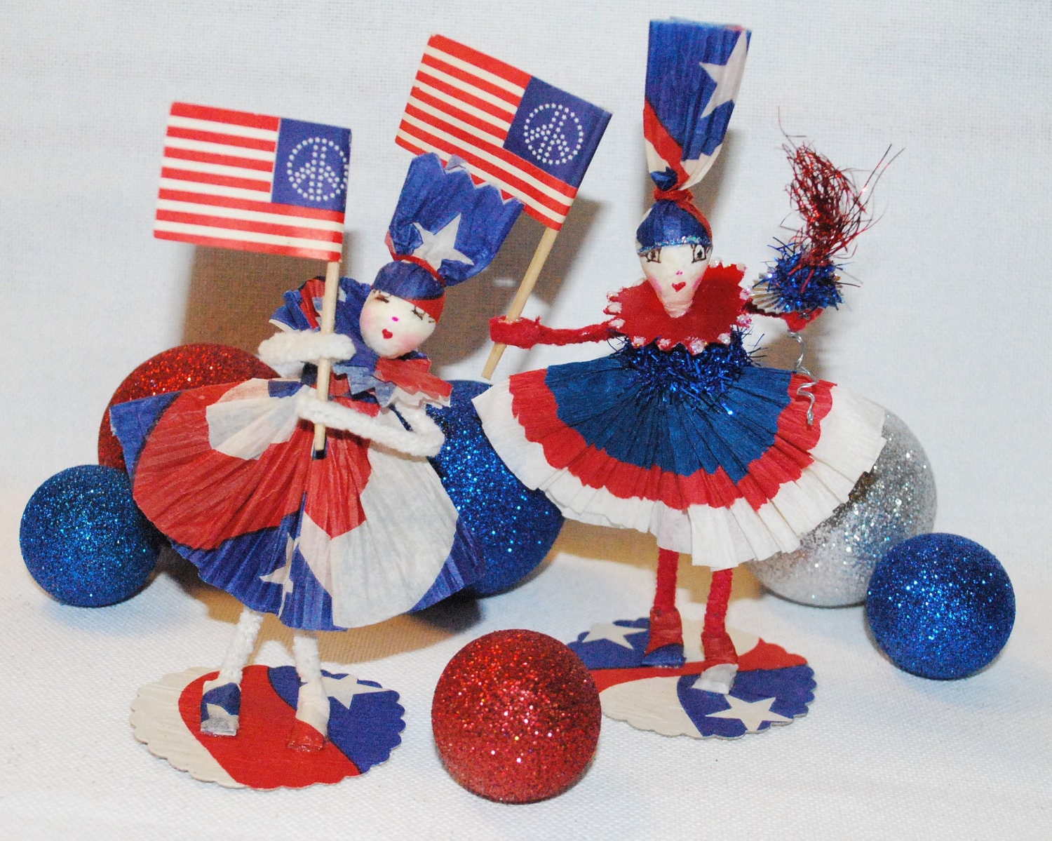 Spun cotton chenille patriotic sisters of peace OOAK vintage craft by JejeMae 4th of July cake topper home décor