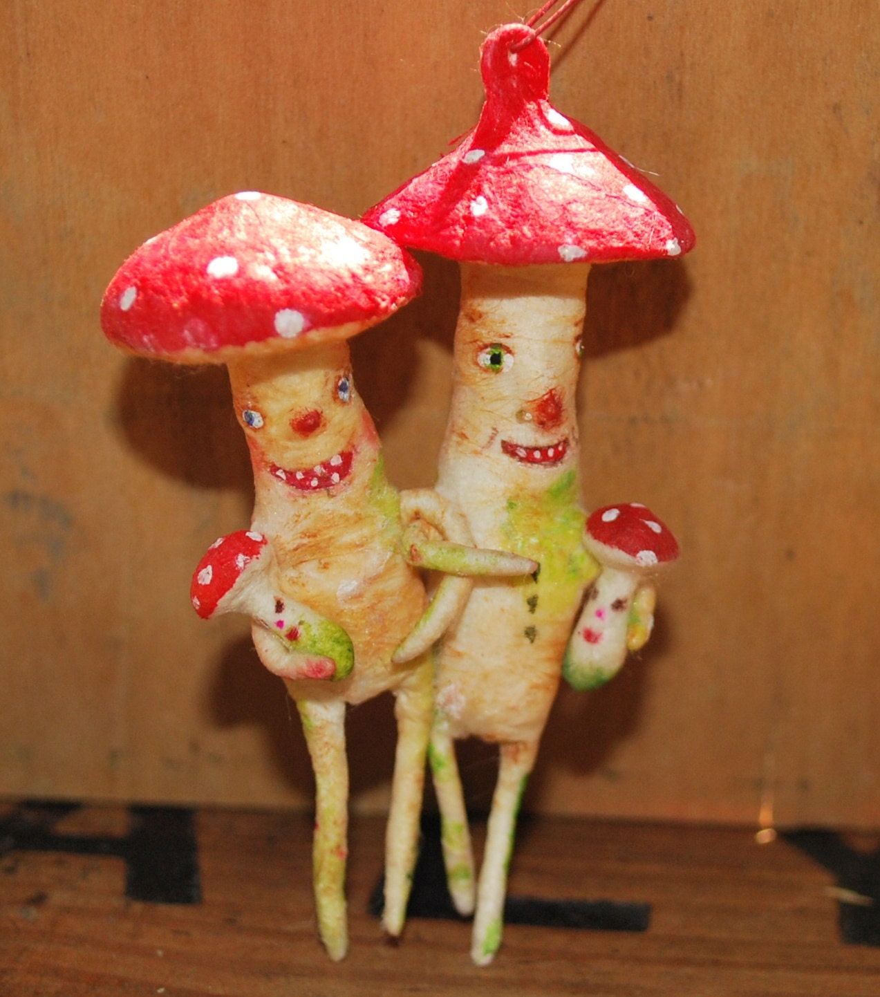 Spun cotton mushroom family feather tree ornament OOAK Vintage Craft by jejeMae