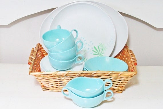 Retro Set of Melamine or Melmac Dishes in Aqua Turquoise Blue and White