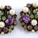 Vintage Fruit Salad Faux Pearl Purple & Green Rhinestones Clip Earrings Set