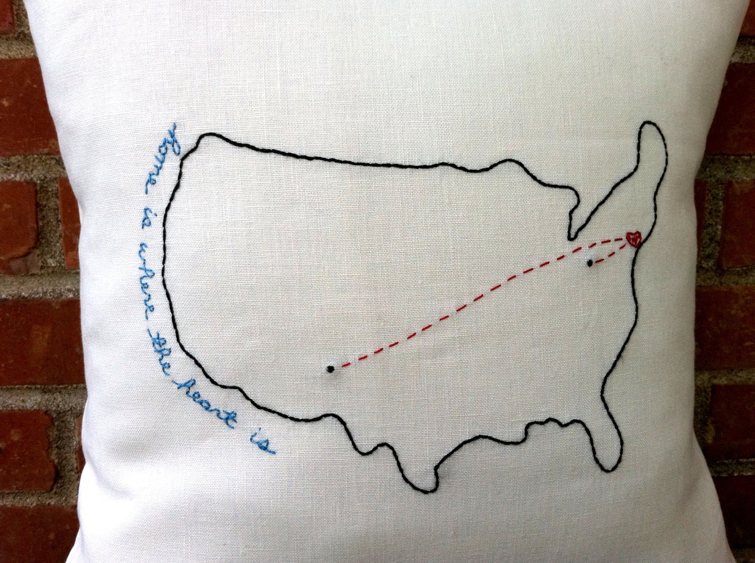 Mother's Pillow - US Home Is Where The Heart Is w/ Connecting Hearts - Hand-Embroidered  Pillows Needlepoint on Linen