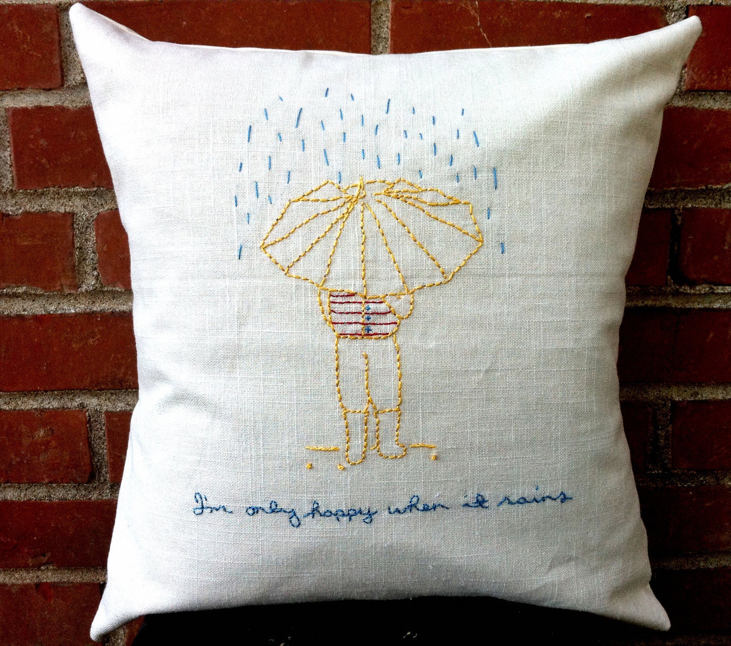 Hand-Embroidered Pillow Cover - April Showers - Accent Pillow Cushion