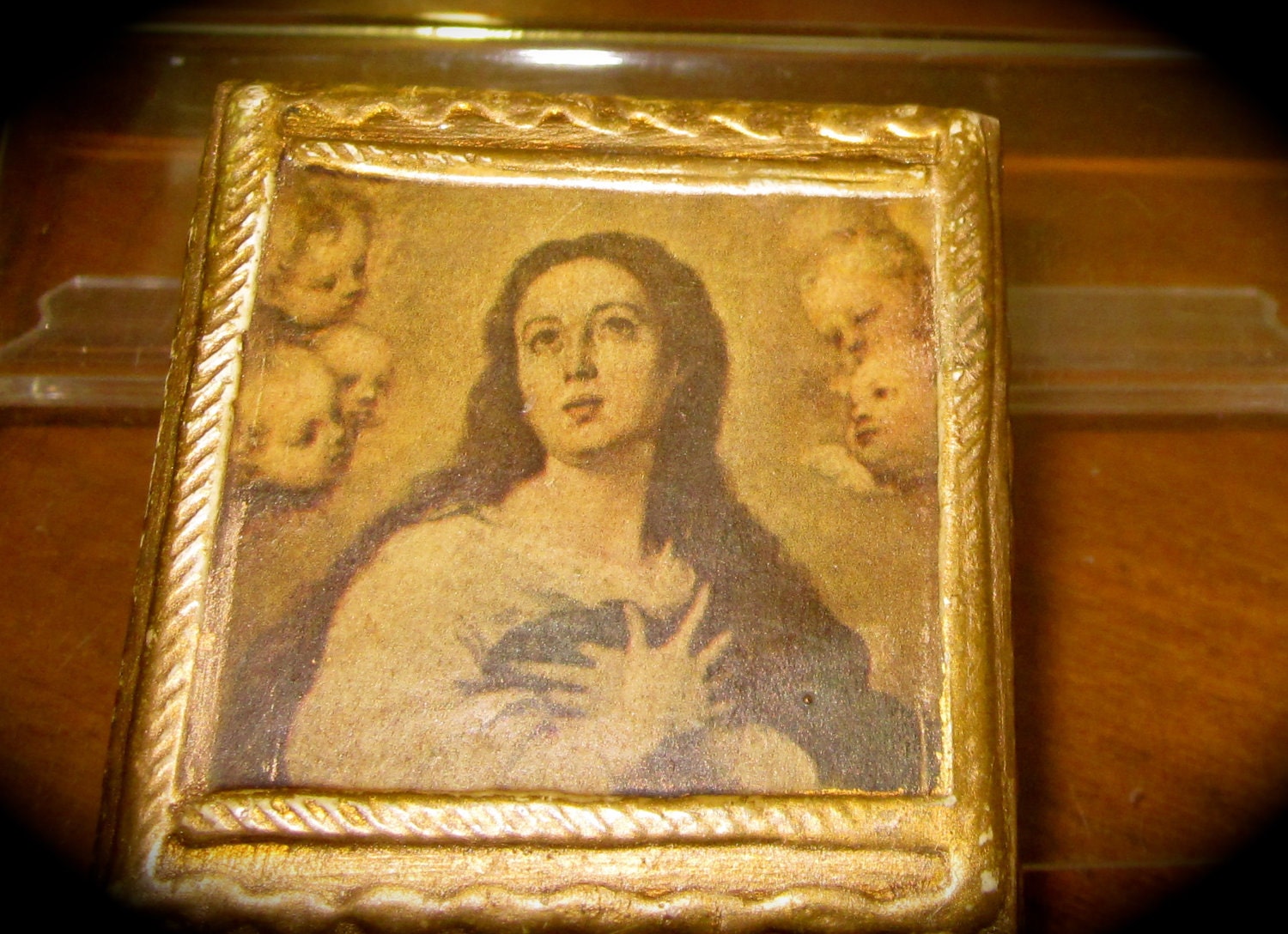 Vintage - 1960's - Diminutive Florentine Box - Jewelry Box- Madonna, Cherubs, Gold Leaf