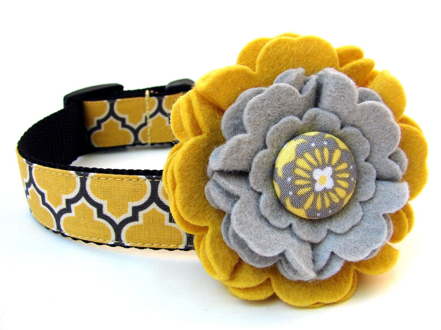Dog Collar Flower AddOn Yellow and Grey Felt Dog by Wagologie