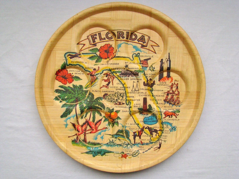 vintage Florida souvenir bamboo beverage tray