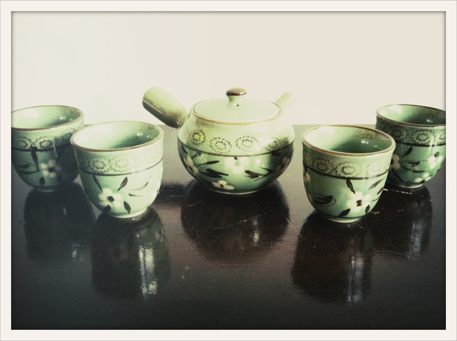 vintage celadon and brown ceramic floral tea set for four by Sorel