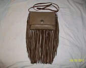 OOAK Handmade Premium Tan Leather Purse with Fringe and Concho Button - Native American