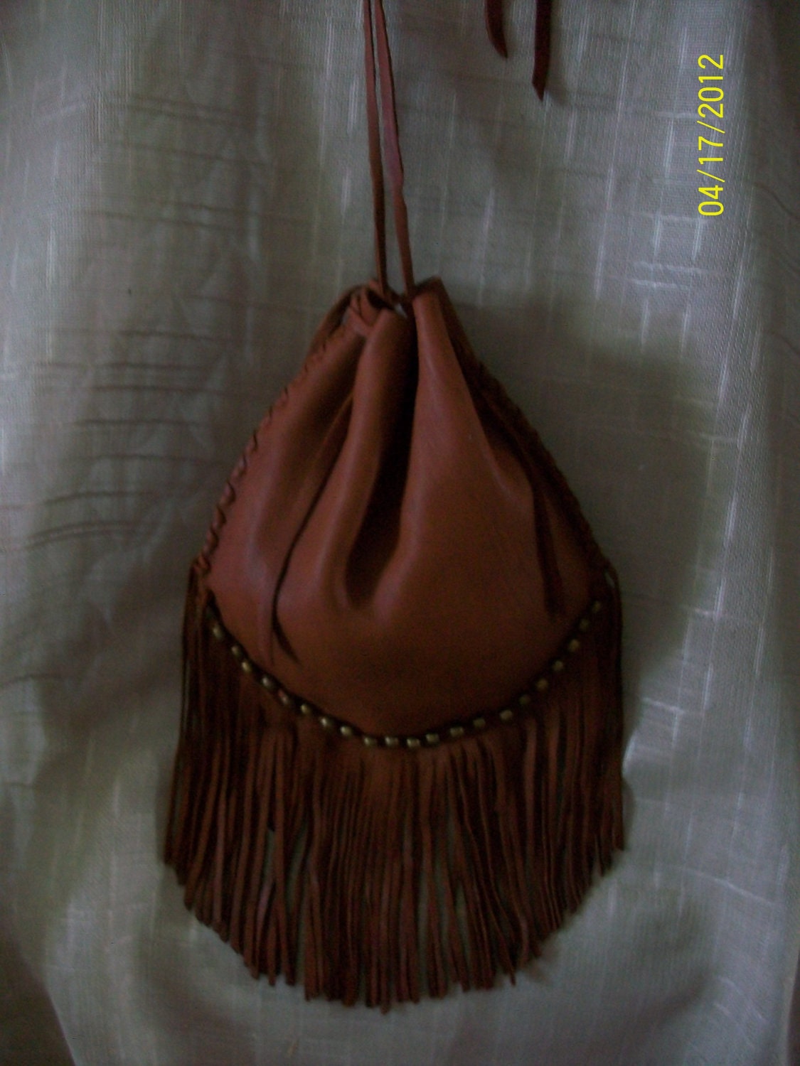 Beautiful OOAK Handmade Leather Hobo Style Sack Bag Purse with Real Brass Beads - Native American