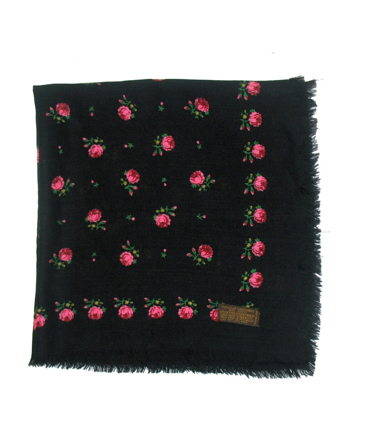 Vintage Black & Hot Pink Flowerets Print Wool Scarf- Neck Scarf