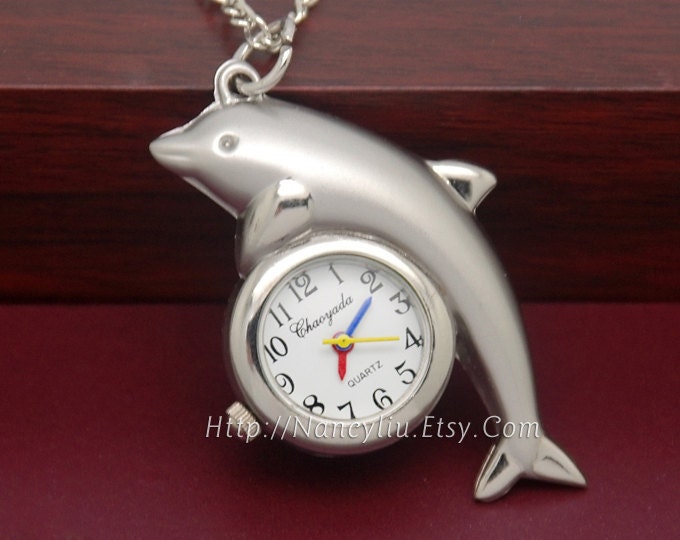 Dolphin Pocket Watch Necklace, Steampunk Silvery tone Dolphin Necklace Pendant, 88P244