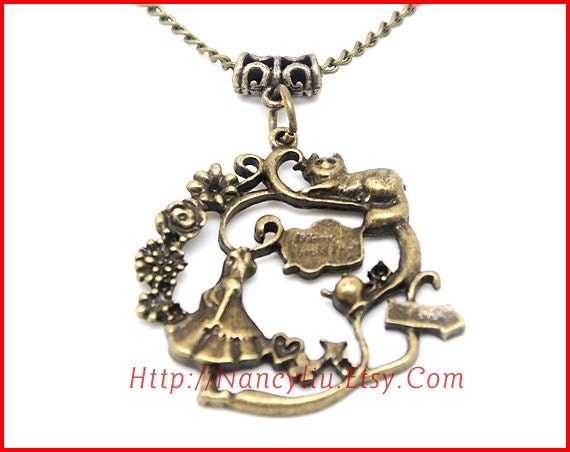 Dream Countryside Necklace, Alice in Wonderland Necklace, Cheshire Cat Necklace, with Bronze Chain 247N97