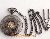 Black Steampunk Antique Roman Dial Mechanical Pocket Watch Chain