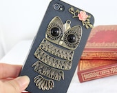 Antique brass Cute  Owl  with pink rose ,branch Hard Case Cover ----for Apple iPhone 4 Case, iPhone 4s Case, iPhone 4 Hard Case