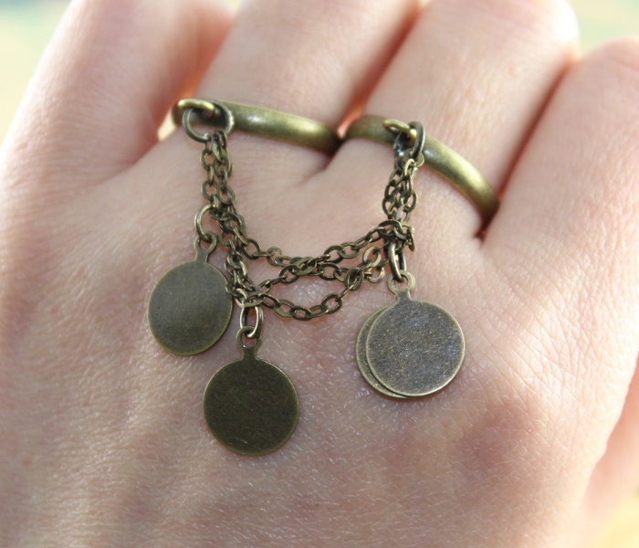 Antique Bronze Bohemian Double ring --medal, coins, multi strands,  elegant , multi chains, drops, chains
