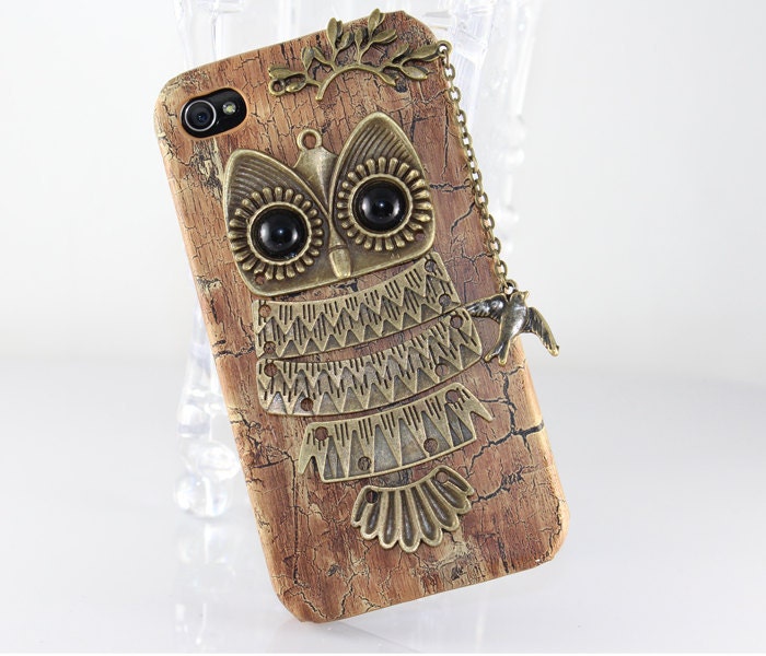 Antique brass Cute Owl , with branch ,bird pendant,wood color PU Leather Hard Case Cover ----for Apple iPhone 4/4g/4s Hard Case