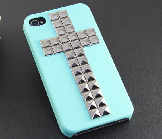 Light Green Hard Case with Cross Antique Silver Pyramid stud for Apple iPhone 4 Case, iPhone 4s Case, iPhone 4 Hard Case style A
