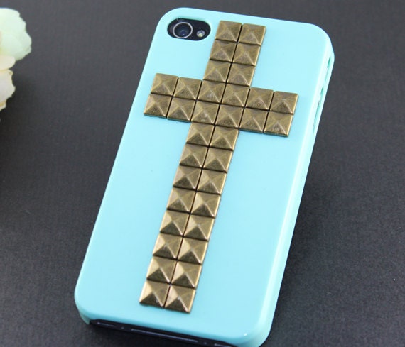Light Green Hard Case with Cross Antique Brass Pyramid stud for Apple iPhone 4 Case, iPhone 4s Case, iPhone 4 Hard Case style A