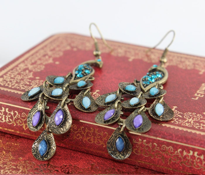 Peacock earrings vintage style-blue color