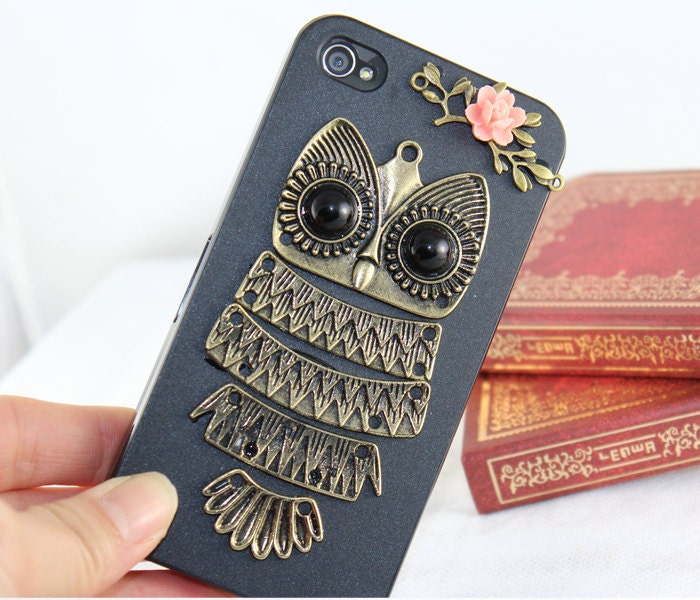 Antique brass Cute Owl with pink rose ,branch Hard Case Cover ----for Apple iPhone 4 Case, iPhone 4s Case, iPhone 4 Hard Case