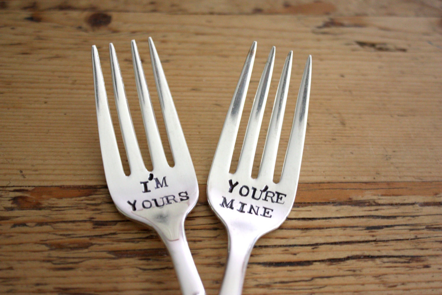 I'm Yours and You're Mine - Wedding Cake Fork Set  - Hand Stamped - Vintage Wedding