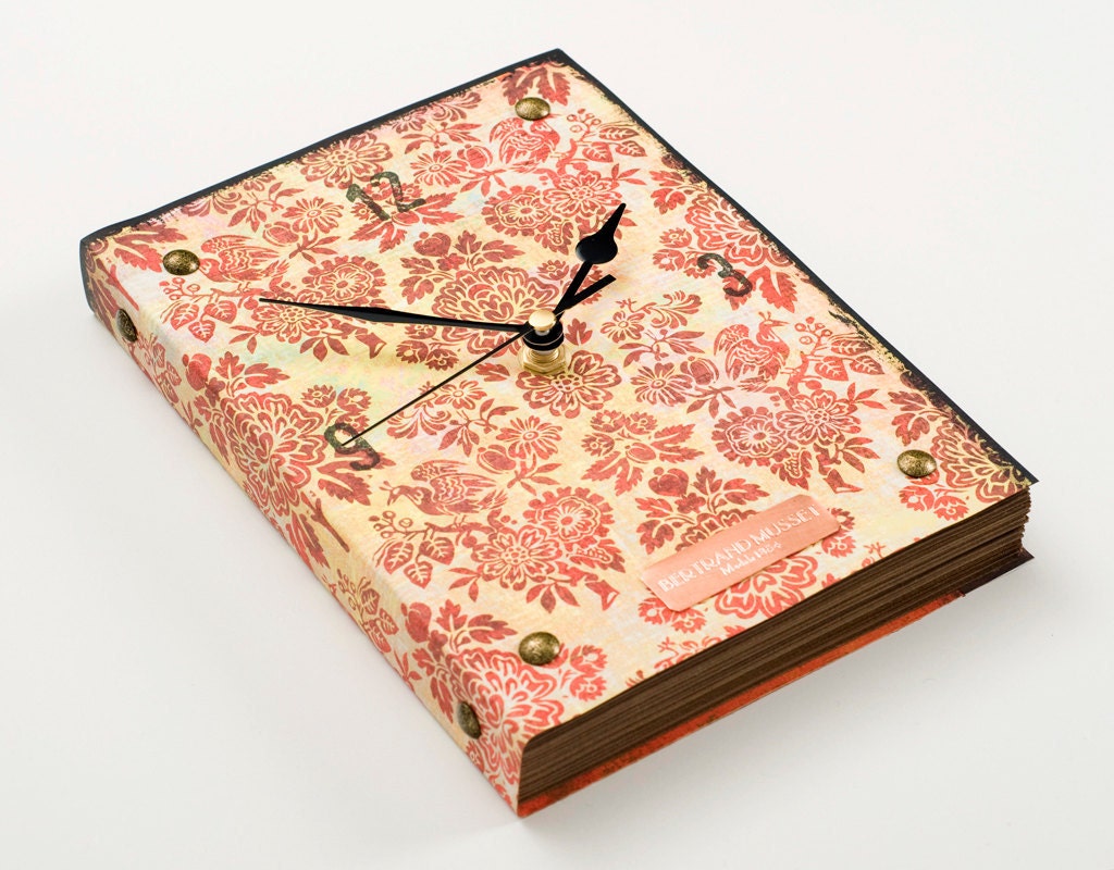 Book Wall Clock Vintage Red Damask