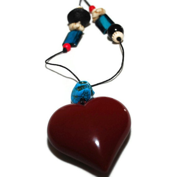 Maroon heart and turquoise day of the dead skull asymmetrical ooak necklace,upcycled heart pendant and skull necklace