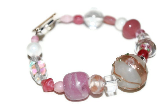 Pink White and Clear Asymmetrical Mixed Media OOAK Beaded Bracelet- Etsy treasury