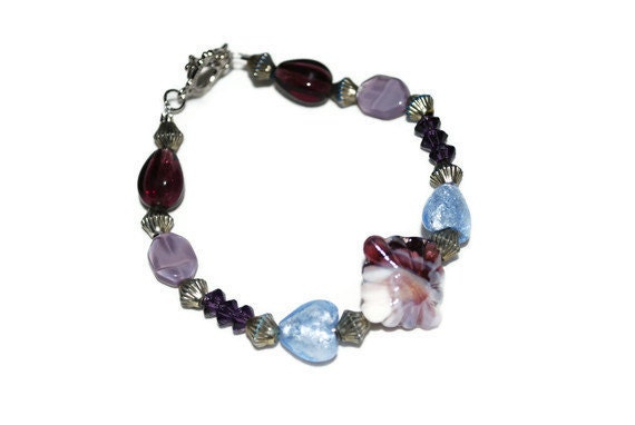 Purple Lavender and Silver Heart and Mixed media OOAK Beaded Bracelet- Etsy Treasury