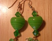 Dangle Earrings / Green Heart of Glass / green czech crystals