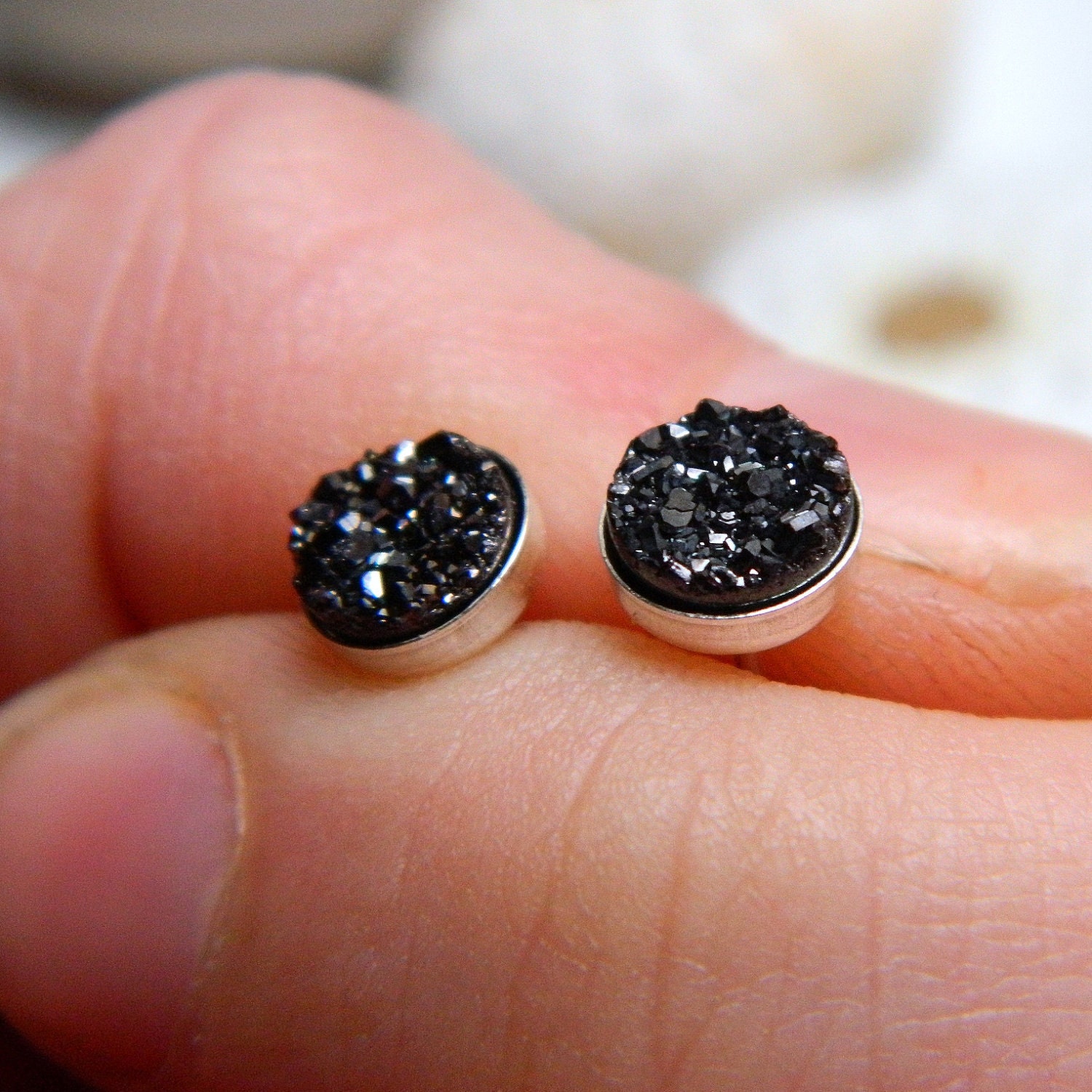 Mini Sterling Silver Bezel Set Midnight Black Titanium Drusy / Druzy Quartz Stud Earrings