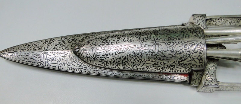 Hunting Royal Silver Dagger w Damascus steel blade knife bidaree work - 7031