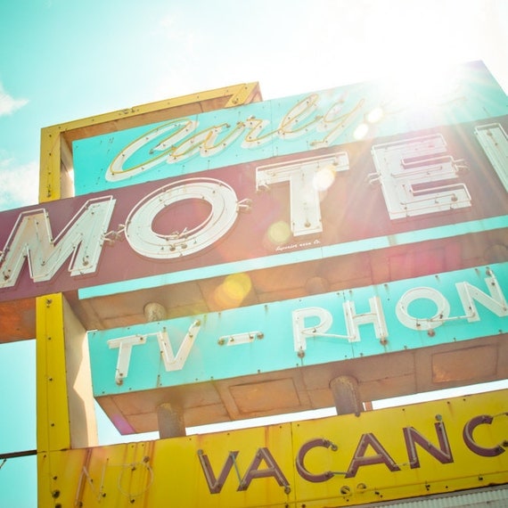Route 66 Neon Sign Vintage Retro Roadside Oklahoma City - Fine Art Photograph - Carlyle Motel - 8x8 Luster Finish