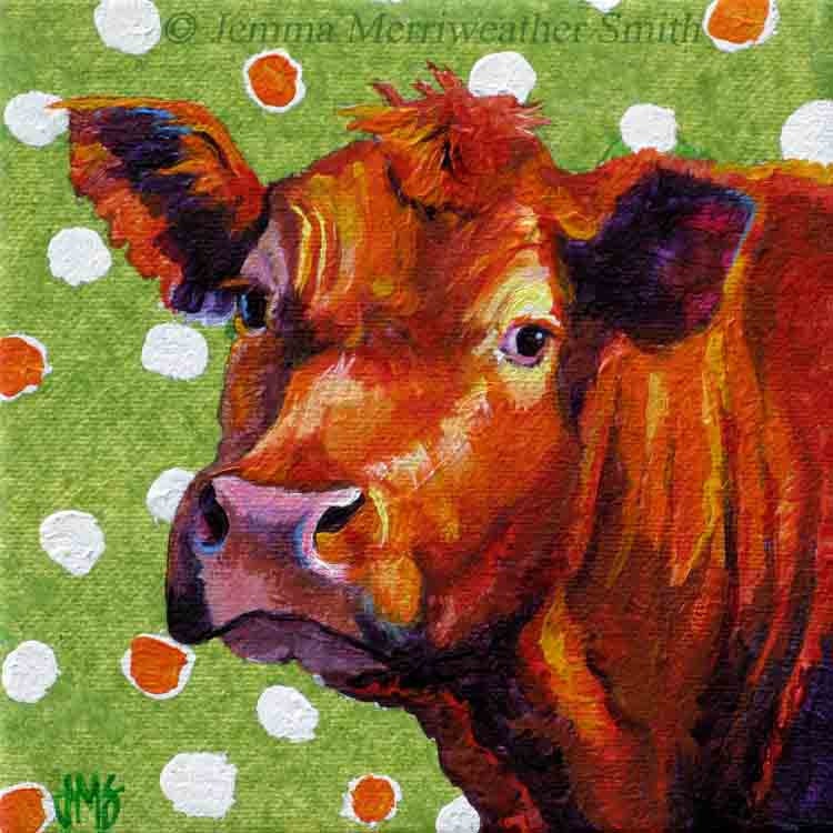 Cow Painting - Pretty Cow Art Print - Cow Girl and Polka Dots , Print of Red Cow Painting -  Art Print 8 x 8 by Jemmas Gems