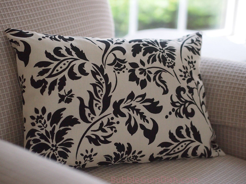 Damask Home Decor Pillow Cover Cream Cotton Black Damask Graphic Floral Print 12 x 16