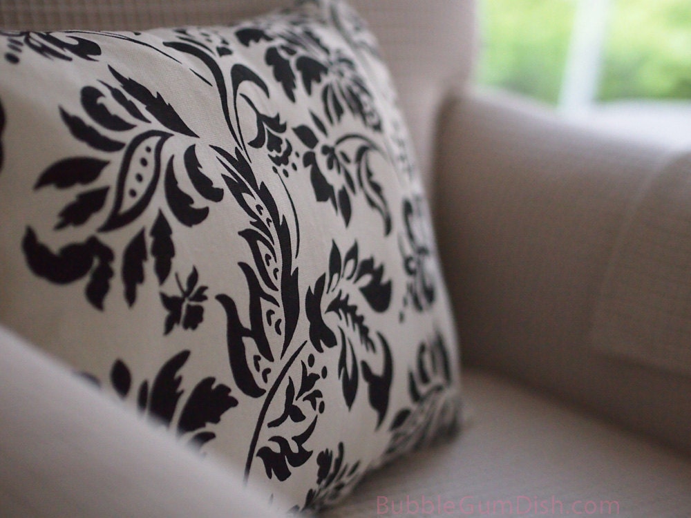 Damask Home Decor Pillow Cover Cream Cotton Black Damask Graphic Floral Print 12 x 16