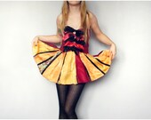 TANGERINE SUN Bohemian Mini Dress Reversible Color Block Dress Bow Floral Print Vintage Flowers Peach Yellow Orange Red Black